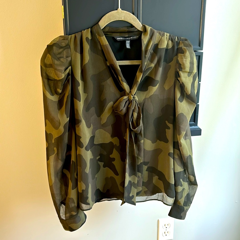 White House Black Market camp tie neck blouse